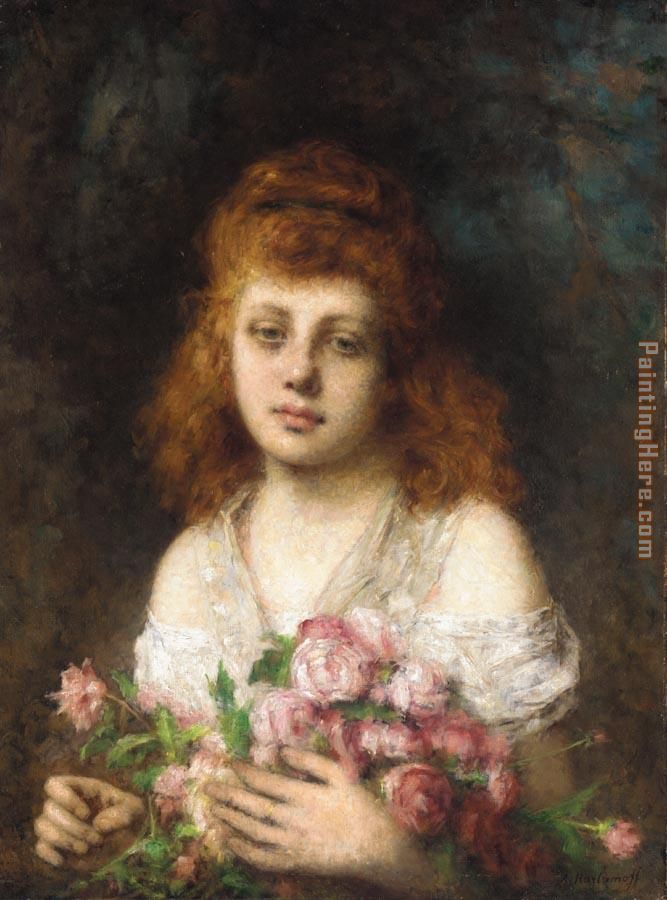 Auburn-haired Beauty with Bouqet of Roses painting - Alexei Alexeivich Harlamoff Auburn-haired Beauty with Bouqet of Roses art painting